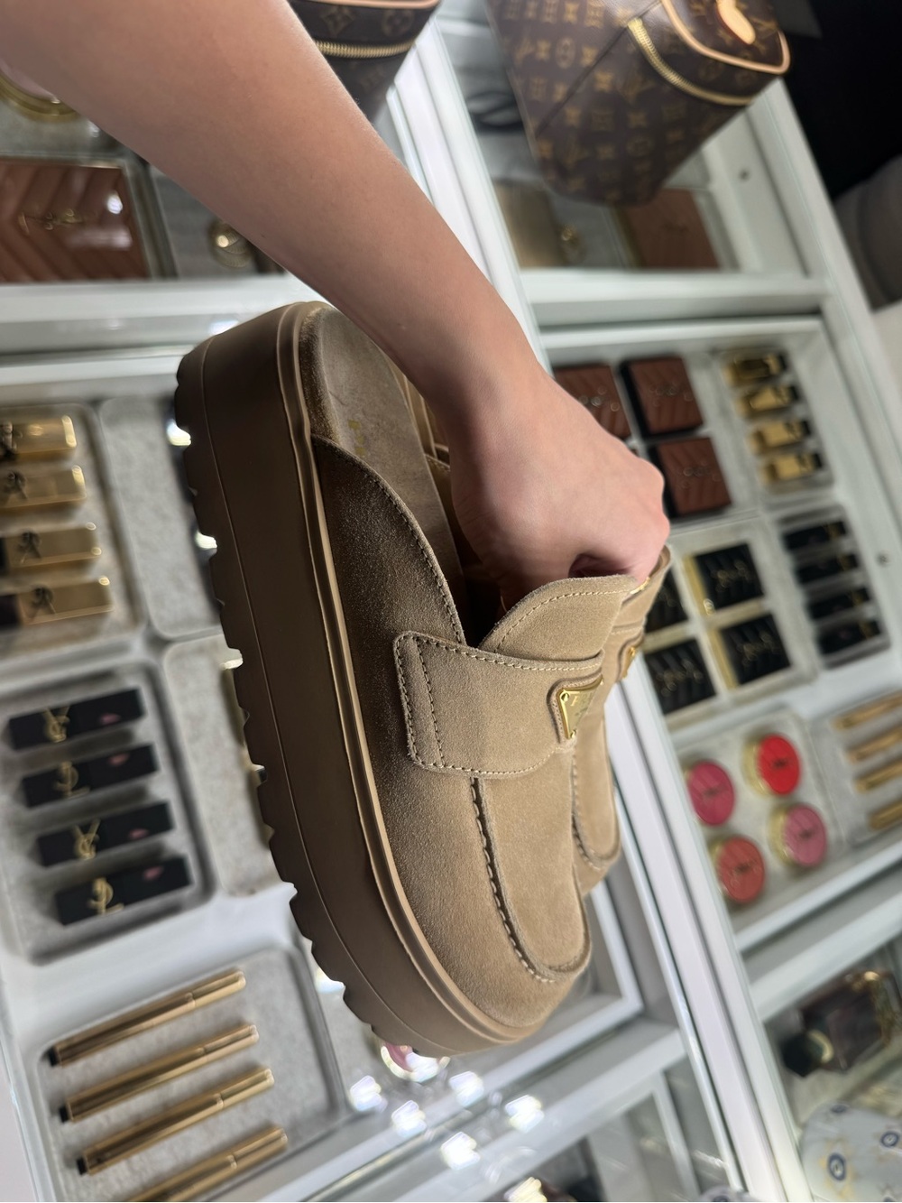 Prada Taupe Suede Slip-On Loafer Mule with Gold Triangle Logo - Picture 3 of 6